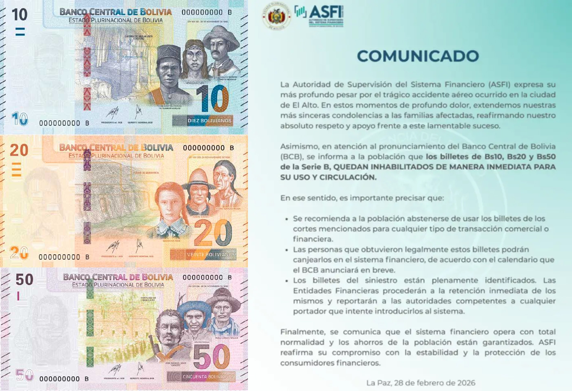 LA ASFI: CORTES DE BILLETES DE LA SERIE B FUERON INHABILITADOS