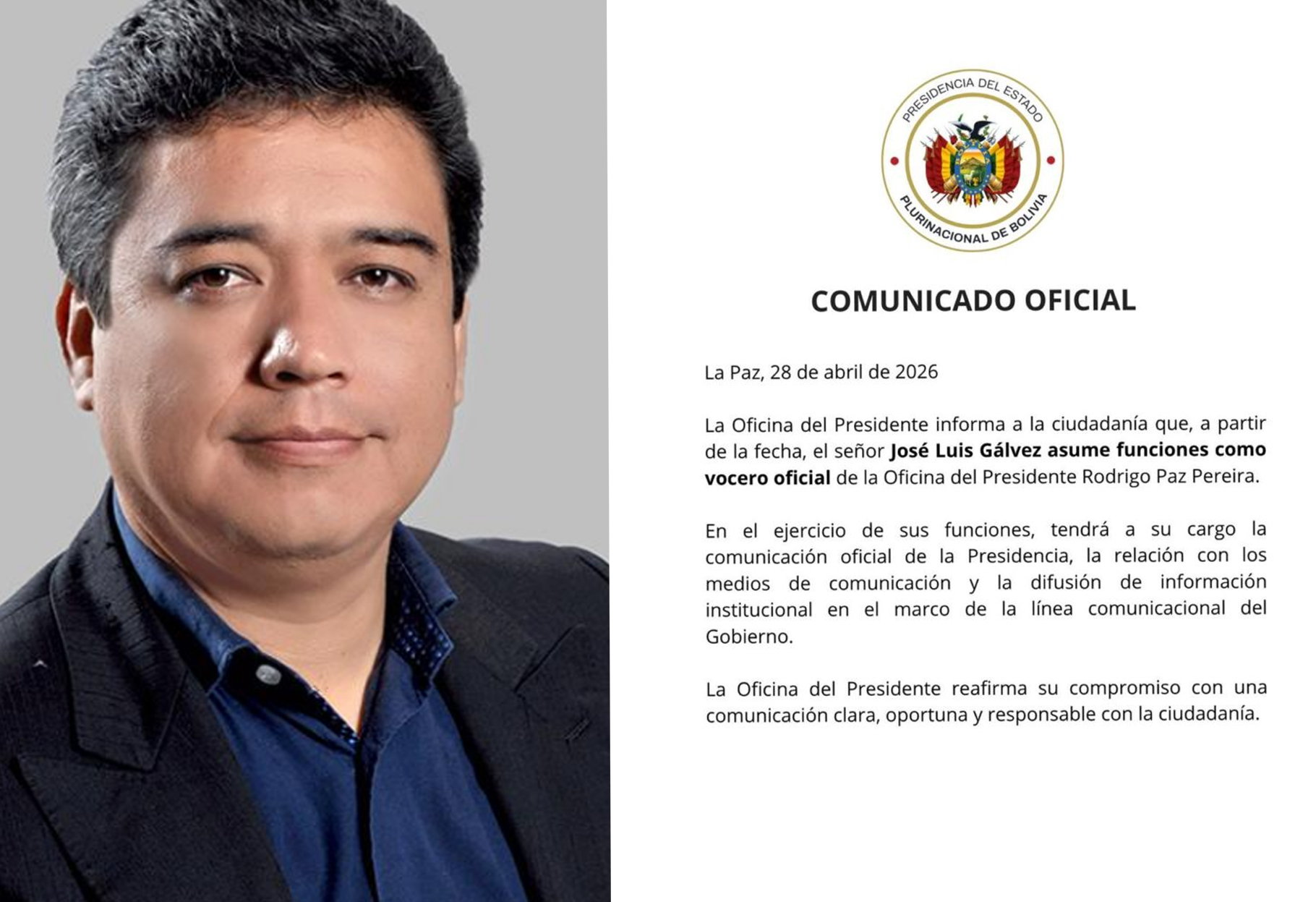 JOSÉ LUIS GÁLVEZ ASUME COMO NUEVO VOCERO PRESIDENCIAL